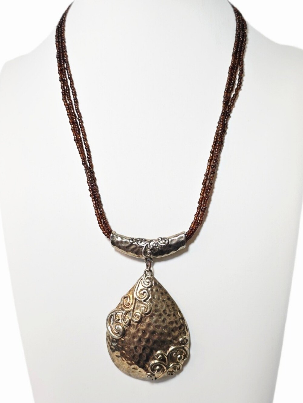 Boho Triple Strand Brown Seed-Beaded Necklace with Gold Teardrop Pendant